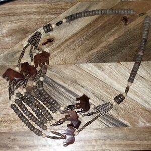 Vtg. Handcrafted Brown Tribal Multi-strand Beaded Necklace with Carved Bear